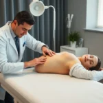 Professional chiropractor performing spinal adjustment on patient lying face down on treatment table, modern clinical setting with soft lighting, chiropractor wearing white coat using proper technique