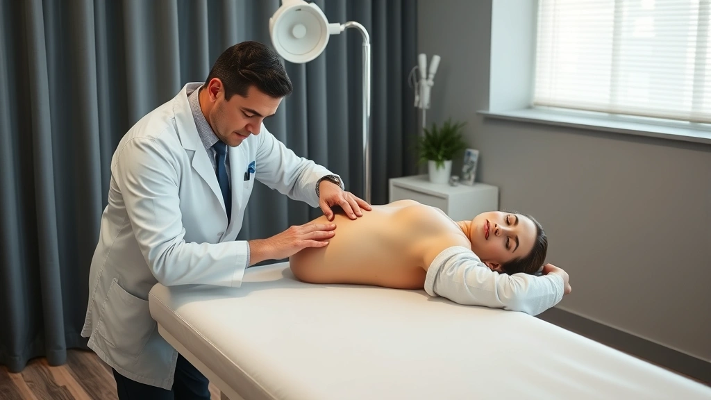 Professional chiropractor performing spinal adjustment on patient lying face down on treatment table, modern clinical setting with soft lighting, chiropractor wearing white coat using proper technique