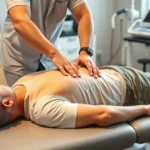 Professional chiropractor performing spinal adjustment on patient lying face down on treatment table, hands positioned on mid-back, bright clinical office setting with soft lighting and medical equipment visible in background