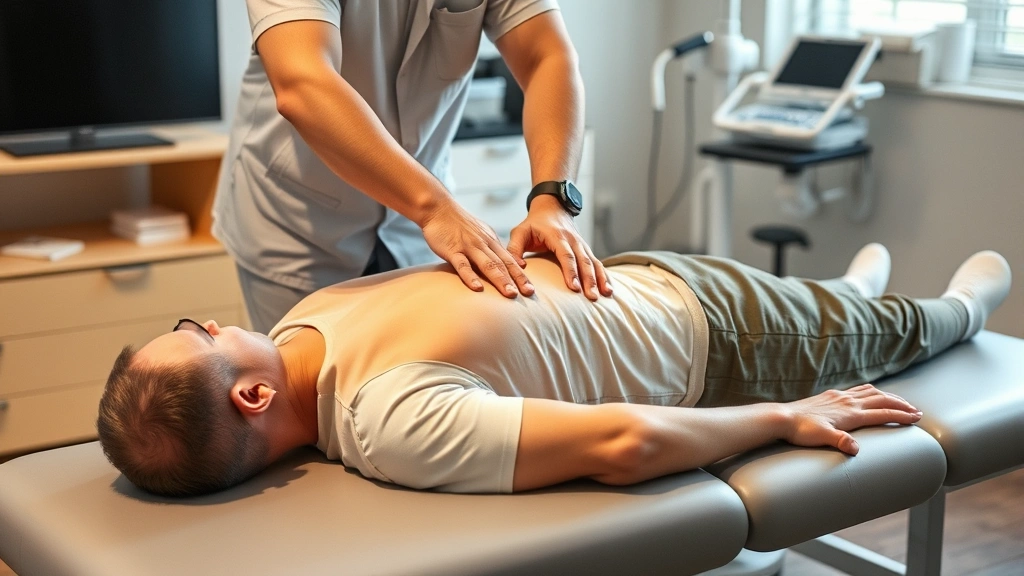 Professional chiropractor performing spinal adjustment on patient lying face down on treatment table, hands positioned on mid-back, bright clinical office setting with soft lighting and medical equipment visible in background