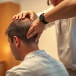 Professional chiropractor performing cervical spine adjustment on patient in clinical setting, warm lighting, focused hands-on treatment, calm atmosphere
