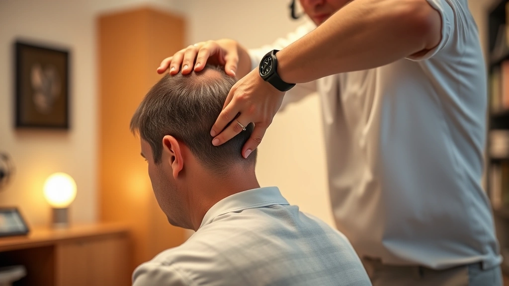 Professional chiropractor performing cervical spine adjustment on patient in clinical setting, warm lighting, focused hands-on treatment, calm atmosphere
