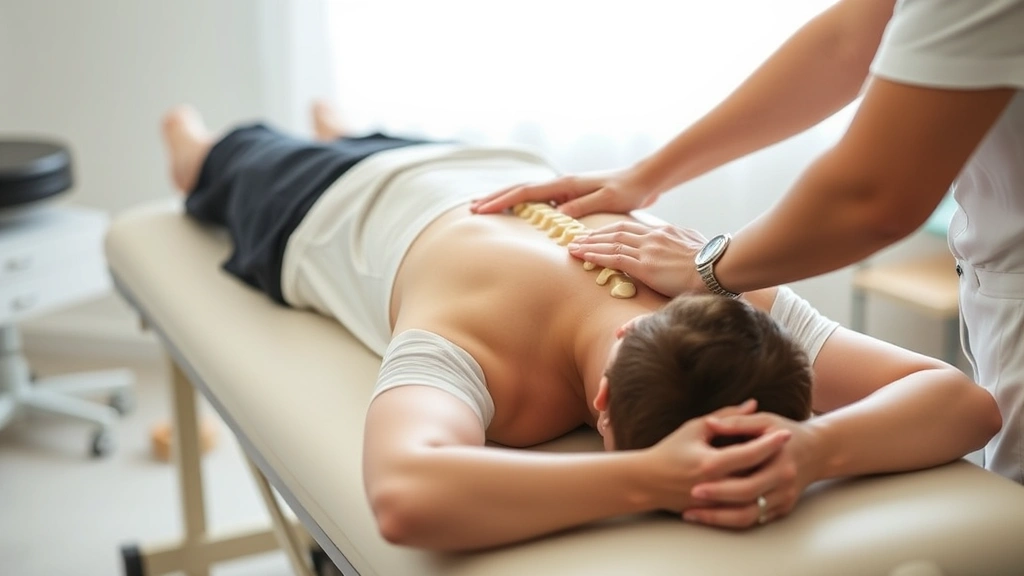 Chiropractor performing spinal adjustment on patient lying face-down on treatment table, hands-on technique, clinical setting, professional healthcare environment, soft lighting, focus on spine alignment
