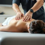 Professional chiropractor performing spinal adjustment on patient lying face-down on treatment table, hands positioned on mid-back, clinical medical setting with soft lighting