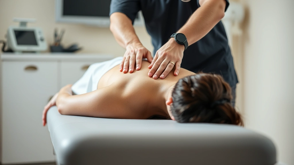 Professional chiropractor performing spinal adjustment on patient lying face-down on treatment table, hands positioned on mid-back, clinical medical setting with soft lighting