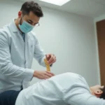 Chiropractor performing spinal adjustment on patient in modern clinical setting, professional hands-on manipulation technique, neutral lighting, clean medical environment