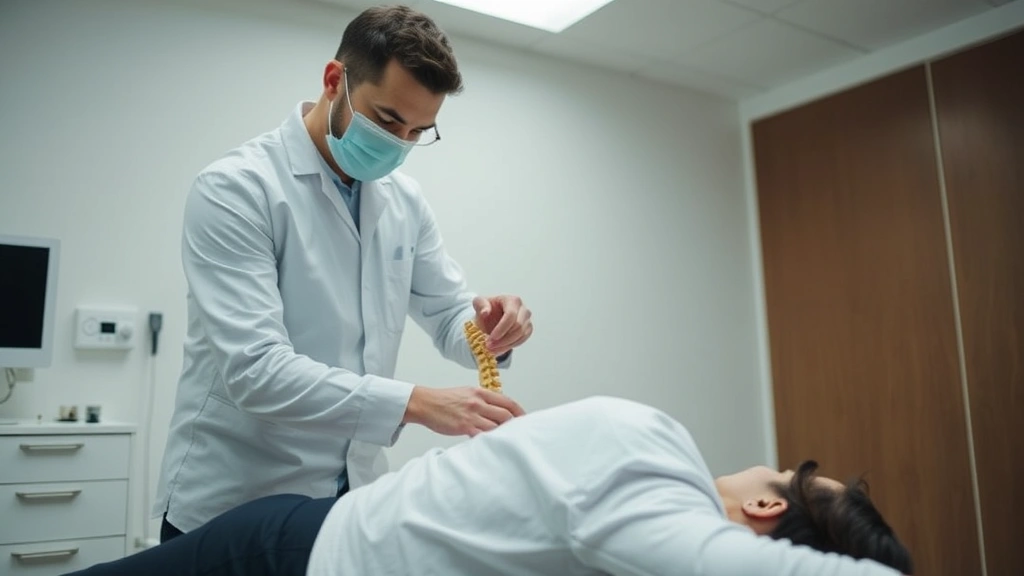 Chiropractor performing spinal adjustment on patient in modern clinical setting, professional hands-on manipulation technique, neutral lighting, clean medical environment