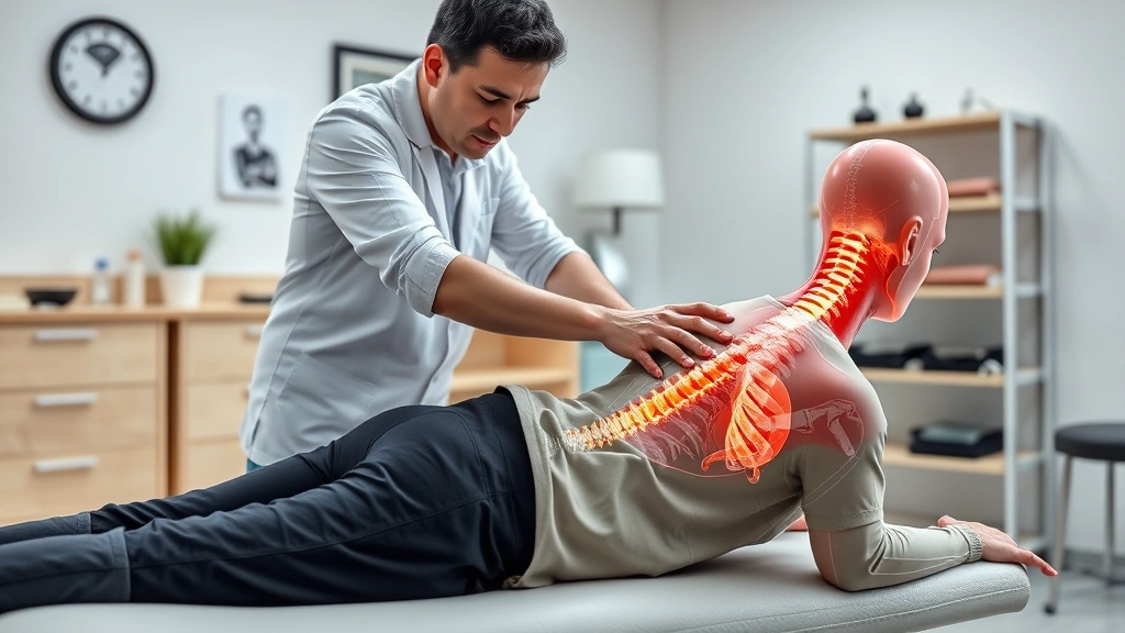 Professional chiropractor performing spinal manipulation on patient in clinical setting, anatomically accurate spine visualization, modern medical office environment, photorealistic