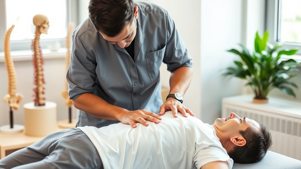 A chiropractor in professional attire performing a spinal adjustment on a patient in a modern clinical setting, with anatomical spine models visible in soft-focused background, natural lighting from windows, patient appears relaxed and comfortable
