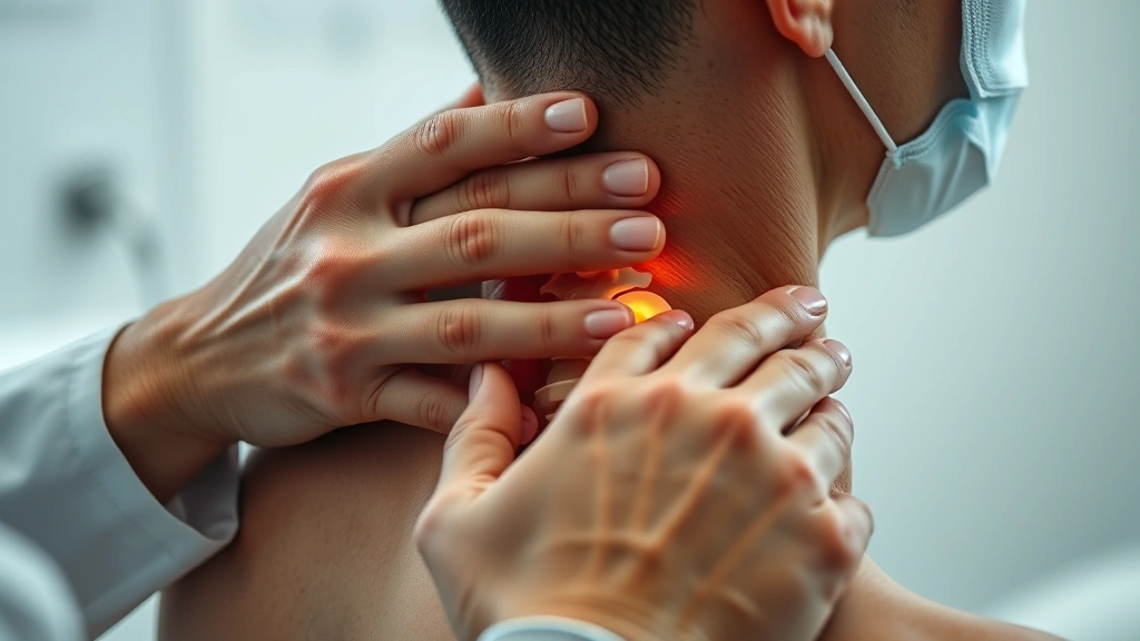 Close-up of healthcare provider's hands examining patient's spine and neck region, demonstrating palpation assessment technique, clinical environment
