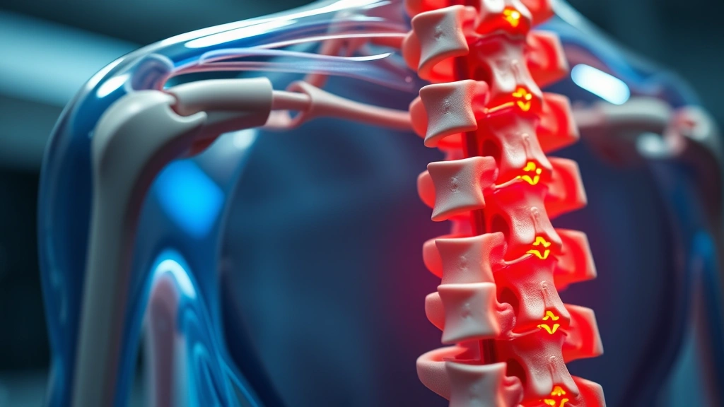 Close-up of human spine anatomical model with vertebrae highlighted in blue and red showing nerve pathways, professional medical education setting, detailed vertebral structure visible