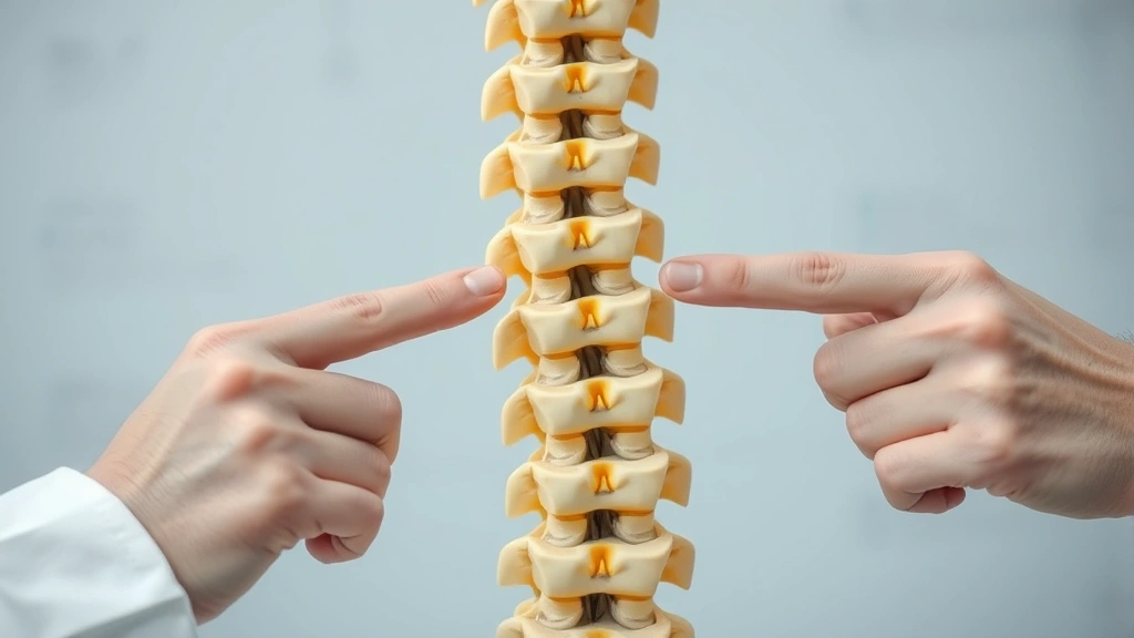 Close-up of human spine model showing vertebral alignment and nerve pathways, hands of healthcare professional pointing to specific spinal segments, educational demonstration setup with anatomical details clearly visible