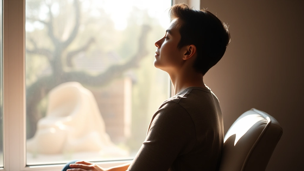 Person sitting upright with excellent posture looking out a window with peaceful expression, natural sunlight streaming in, relaxed shoulders, demonstrates proper spinal alignment and mental calm, serene atmosphere, photorealistic