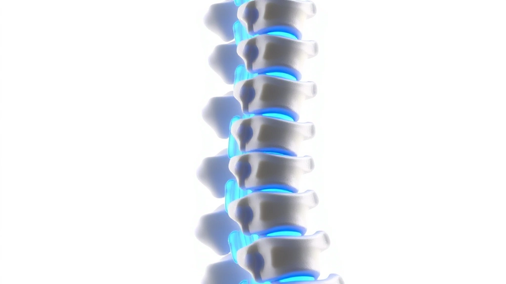 Human spine model with vertebrae highlighted in blue light, showing proper alignment and nerve pathways, medical illustration style, detailed anatomical accuracy, clean white background