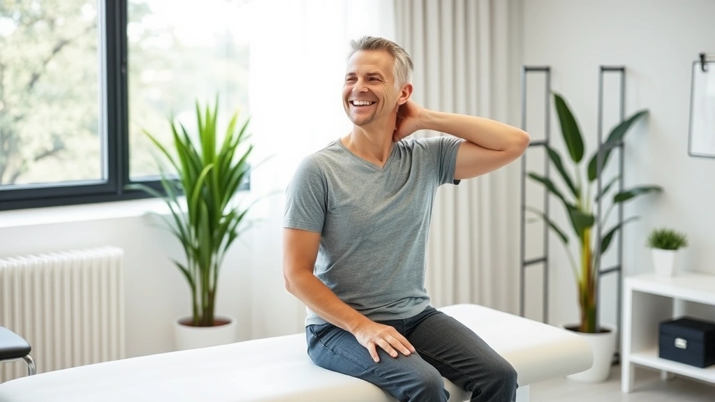 Patient sitting on examination table demonstrating improved posture and range of motion after treatment, smiling, showing neck and shoulder flexibility, modern wellness clinic environment with natural light