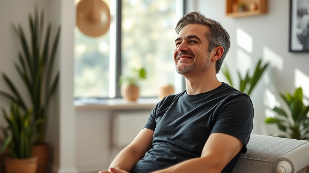 Person experiencing relief and calm expression after chiropractic treatment, sitting in wellness center with peaceful environment, natural daylight