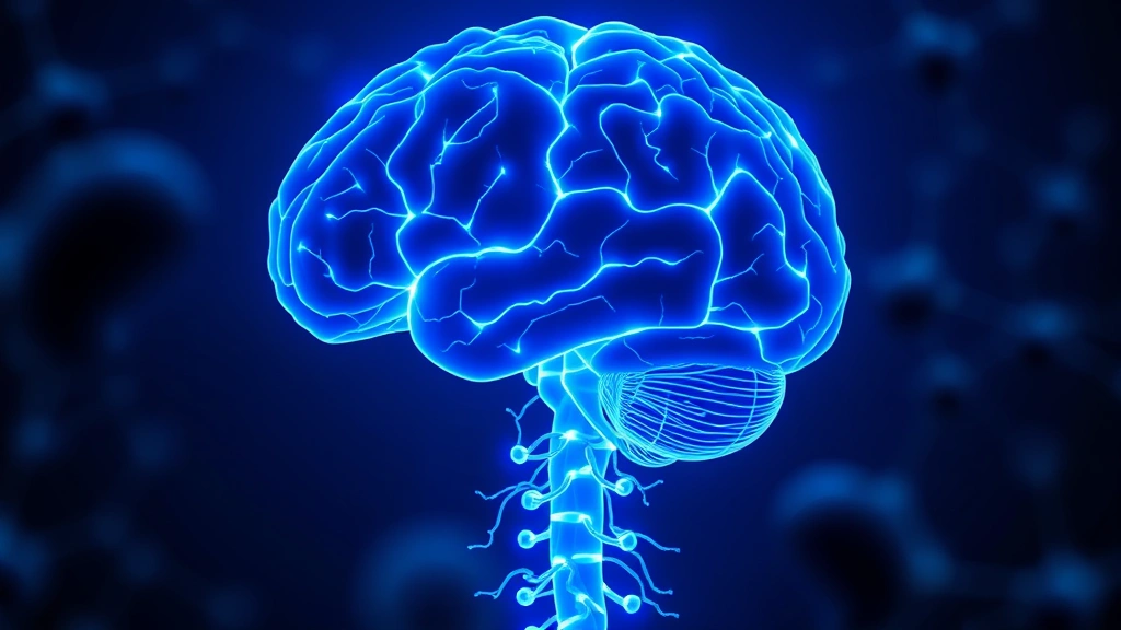 Brain neural pathways glowing with blue light representing nervous system function, spinal cord illuminated, abstract visualization of improved nerve transmission after chiropractic care, scientific illustration style
