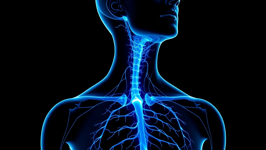Illustration-style anatomical visualization showing the vagus nerve pathway highlighted in blue glowing light running from brainstem through neck and chest, representing nervous system communication and mental health connection, scientific accuracy, photorealistic rendering