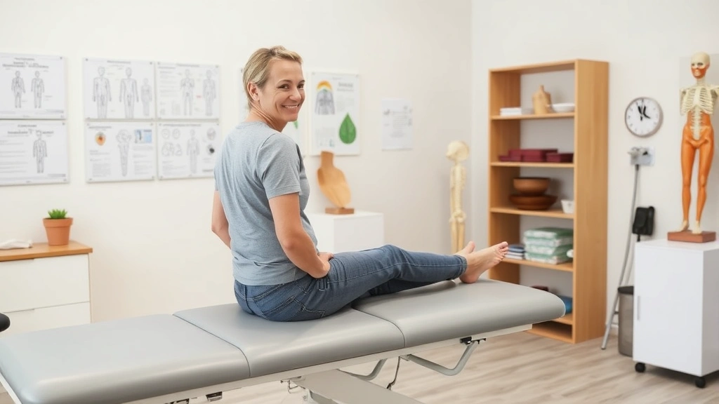 A patient sitting upright on an examination table in a bright chiropractic office, demonstrating improved posture and mobility after treatment, smiling naturally, with ergonomic assessment charts and anatomical models visible on walls, modern wellness-focused clinic design