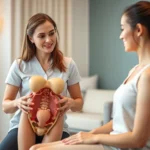 Female physical therapist in clinical setting with anatomical pelvic floor model, demonstrating proper exercise technique to a female patient in comfortable medical environment, warm lighting, professional healthcare setting