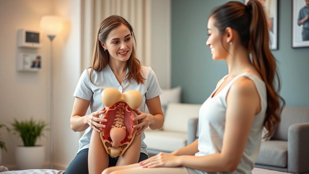 Female physical therapist in clinical setting with anatomical pelvic floor model, demonstrating proper exercise technique to a female patient in comfortable medical environment, warm lighting, professional healthcare setting