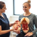 Female physical therapist in clinical setting explaining pelvic floor anatomy using anatomical model to patient, professional healthcare environment, natural lighting, caring interaction