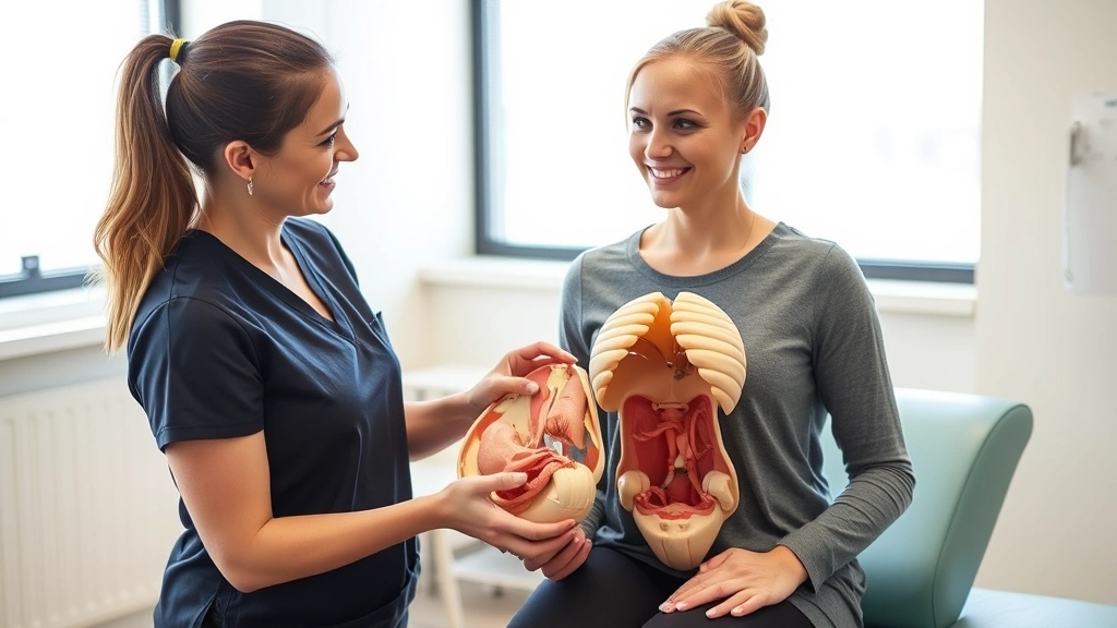 Female physical therapist in clinical setting explaining pelvic floor anatomy using anatomical model to patient, professional healthcare environment, natural lighting, caring interaction