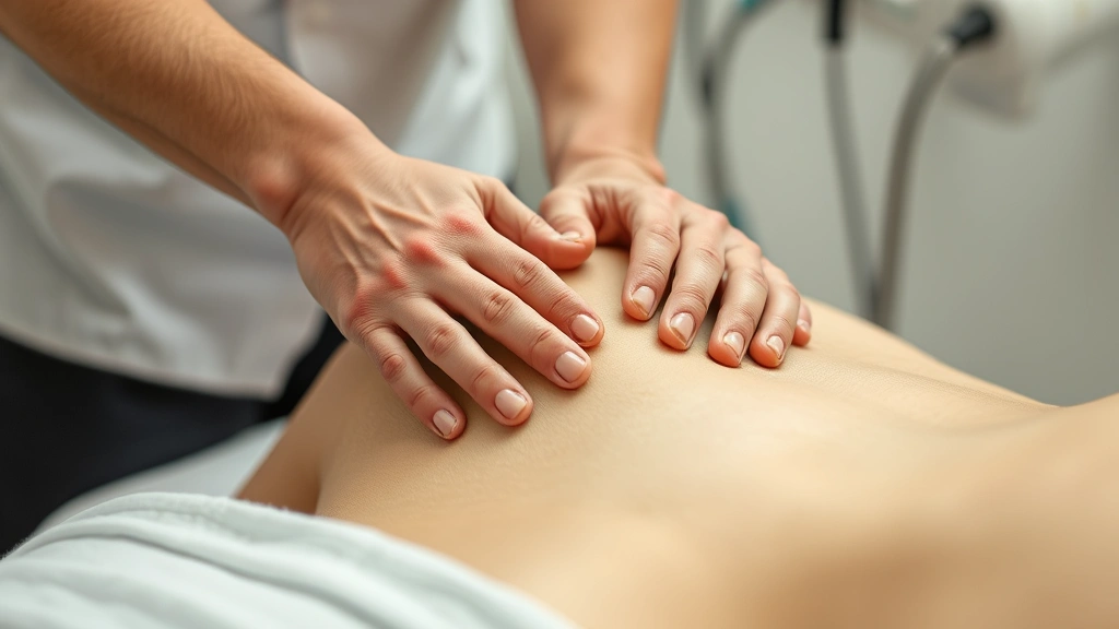 Close-up of hands performing therapeutic pelvic floor massage technique, professional medical environment, showing proper manual therapy application with focus on therapeutic touch and clinical expertise