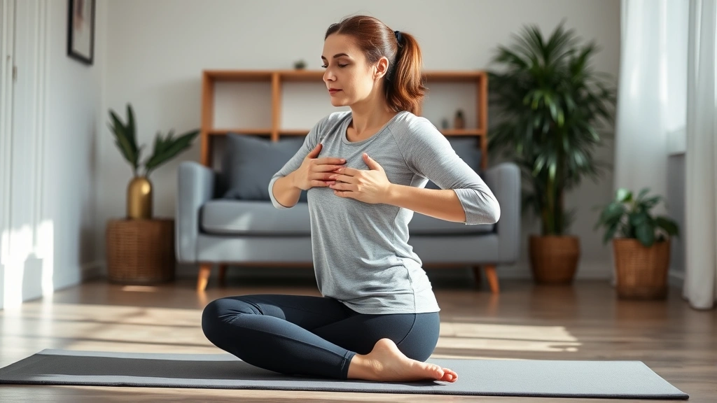 Woman performing pelvic floor strengthening exercise at home with proper posture, sitting on exercise mat in bright, comfortable living space, demonstrating core engagement and body awareness during therapeutic movement