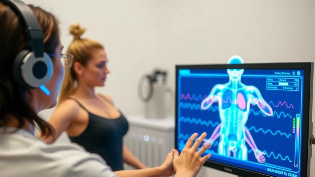 Physical therapist using biofeedback sEMG technology with female patient, real-time visual feedback display showing muscle activity patterns, modern medical technology in therapeutic setting