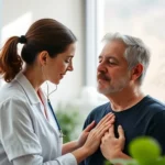 Serene therapist guiding patient through breathing exercises in bright rehabilitation clinic with plants and natural light