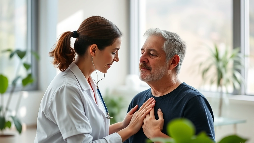 Serene therapist guiding patient through breathing exercises in bright rehabilitation clinic with plants and natural light