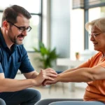 Physical therapist performing hands-on rehabilitation with patient in modern clinic, warm natural lighting, both individuals focused and engaged, showing trust and professional care