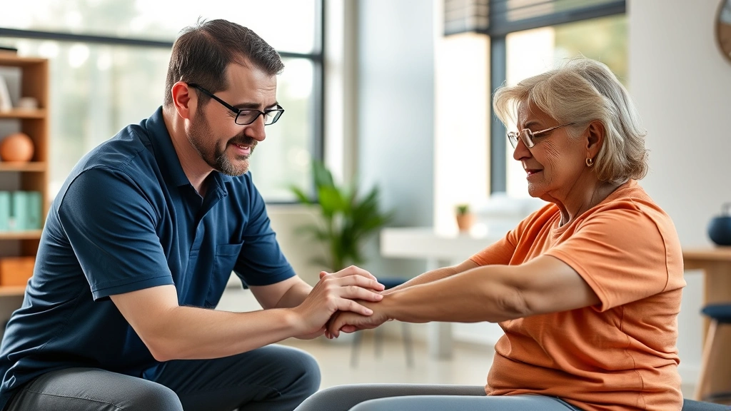 Physical therapist performing hands-on rehabilitation with patient in modern clinic, warm natural lighting, both individuals focused and engaged, showing trust and professional care