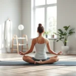 Serene physical therapy clinic with patient in meditation pose on exercise mat, soft natural lighting streaming through windows, calm professional environment, realistic photography