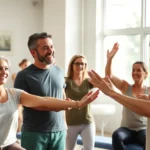A diverse group of people in a bright, welcoming physical therapy clinic, smiling while doing gentle stretching exercises together with a therapist, natural sunlight streaming through large windows, warm and inclusive atmosphere