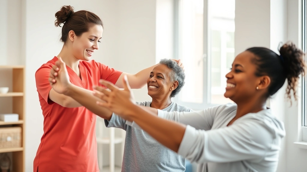 Physical therapist guiding patient through gentle stretching exercise in bright clinical setting, patient smiling with relief, natural window lighting, modern rehabilitation clinic environment, diverse therapist and patient