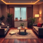 Serene therapist office with warm lighting, comfortable seating arranged for intimate conversation, plants and natural elements, peaceful atmosphere conveying safety and acceptance, no visible people or screens
