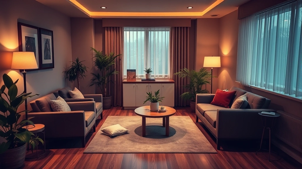 Serene therapist office with warm lighting, comfortable seating arranged for intimate conversation, plants and natural elements, peaceful atmosphere conveying safety and acceptance, no visible people or screens