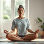 Person sitting in peaceful meditation pose in modern minimalist room with soft natural light streaming through window, serene facial expression, wearing comfortable clothing, plants visible in background, photorealistic