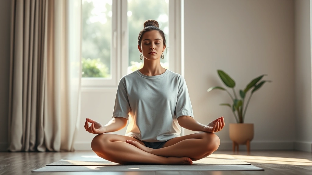 Person sitting in peaceful meditation pose in modern minimalist room with soft natural light streaming through window, serene facial expression, wearing comfortable clothing, plants visible in background, photorealistic