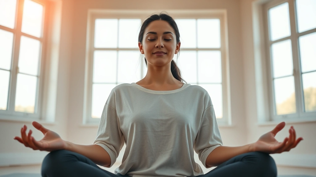 Close-up of a serene person meditating in lotus position, soft natural lighting from large windows, peaceful expression, hands in meditation mudra, warm minimalist background, photorealistic wellness aesthetic