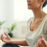 Close-up of a person meditating in a calm, bright therapy room with soft natural light, peaceful expression, hands resting on knees, professional rehabilitation setting visible in background