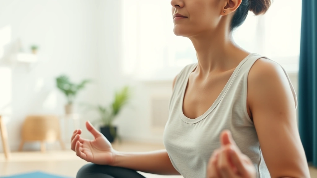Close-up of a person meditating in a calm, bright therapy room with soft natural light, peaceful expression, hands resting on knees, professional rehabilitation setting visible in background