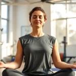 Person meditating peacefully in bright, modern physical therapy clinic with exercise equipment visible, sunlight streaming through large windows, serene expression on face