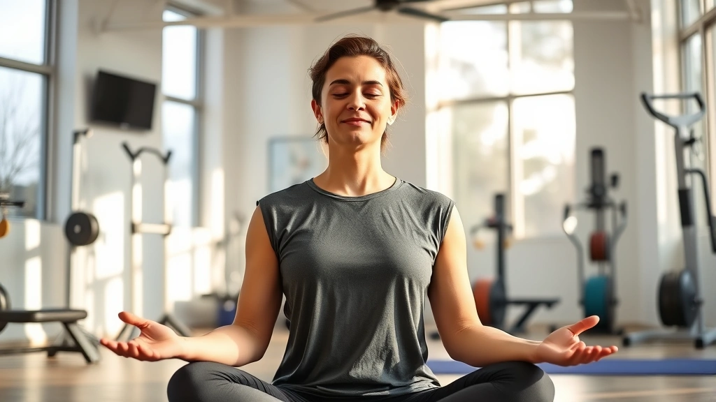 Person meditating peacefully in bright, modern physical therapy clinic with exercise equipment visible, sunlight streaming through large windows, serene expression on face