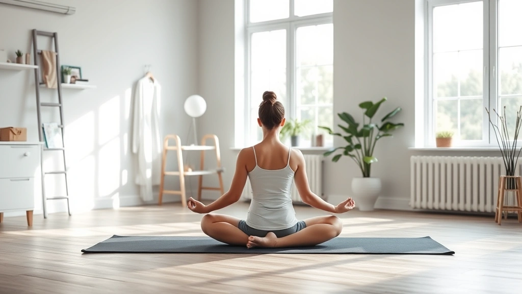 Serene physical therapy clinic with patient in meditation pose on exercise mat, soft natural lighting streaming through windows, calm professional environment, realistic photography