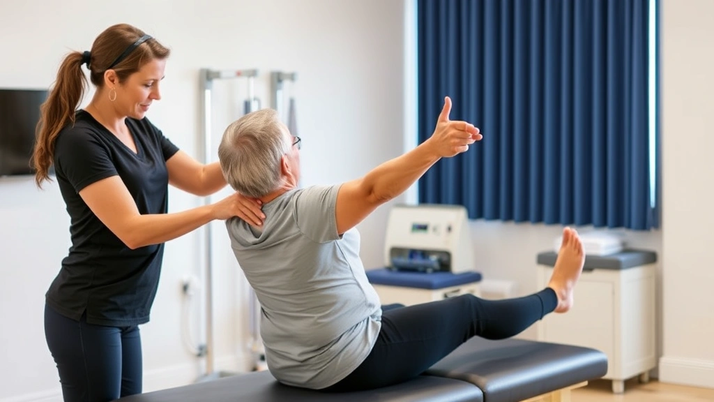 Patient performing guided movement exercise with therapist providing support and encouragement, bright clinical setting with therapeutic equipment visible, demonstrating collaborative treatment approach