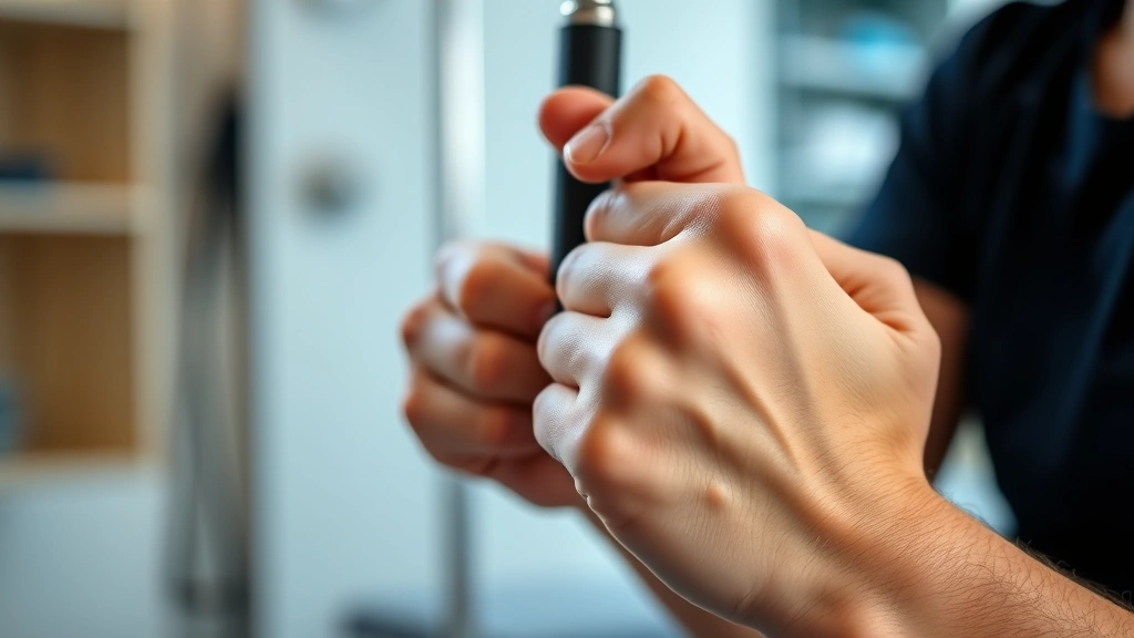 Close-up of a patient's hands gripping therapy equipment with determination and focus, showing resilience and strength, professional clinical setting with soft lighting, emphasizing personal achievement and progress