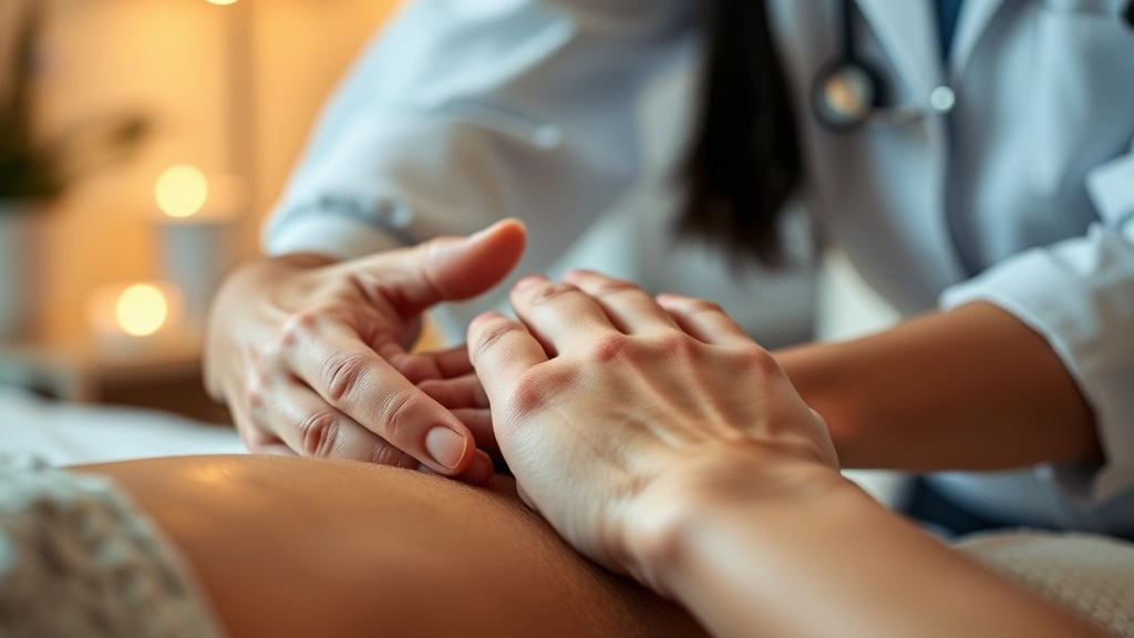 Close-up of patient's hands releasing tension during therapeutic massage, warm ambient lighting, peaceful expression, professional healthcare setting, focus on healing touch and relaxation